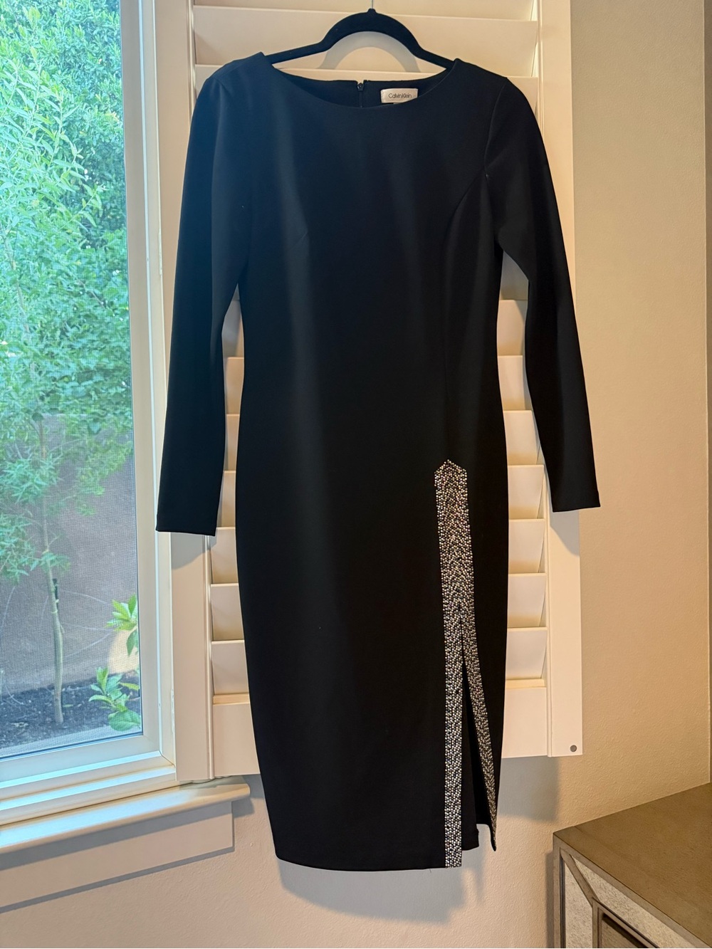 Calvin Klein Black Long-Sleeve Sheath Dress with Sparkle Side Slit